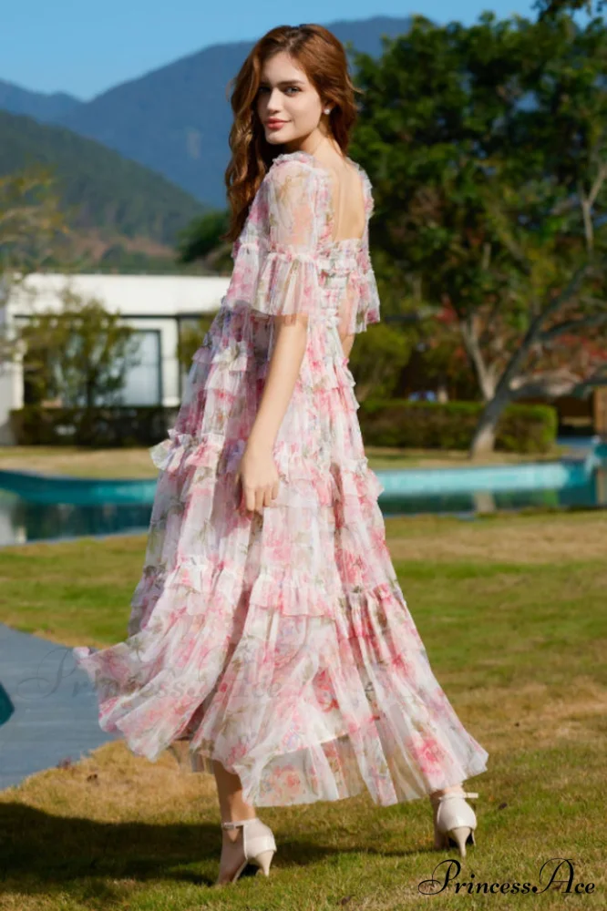 Floral Tulle Ruffle Charming Layered Maxi Dress - Image 4