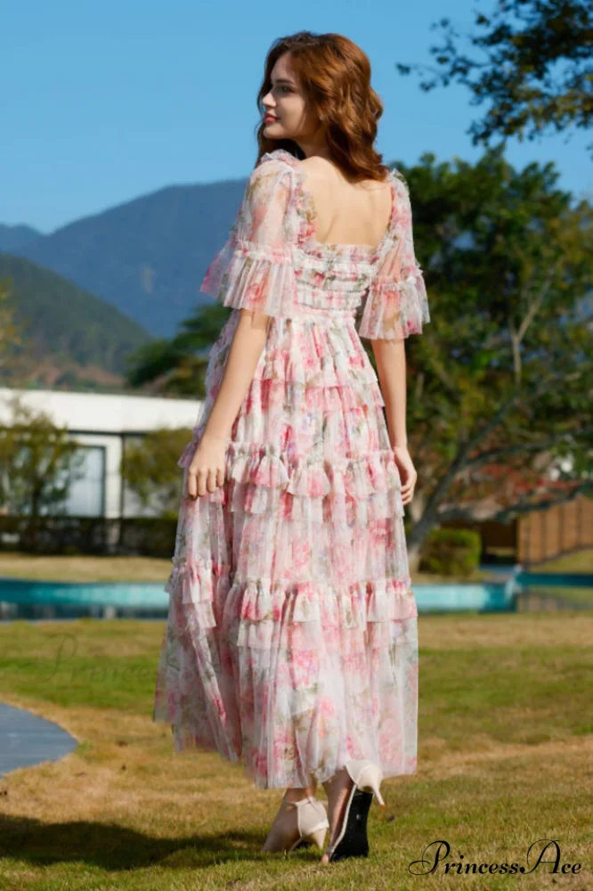 Floral Tulle Ruffle Charming Layered Maxi Dress - Image 5