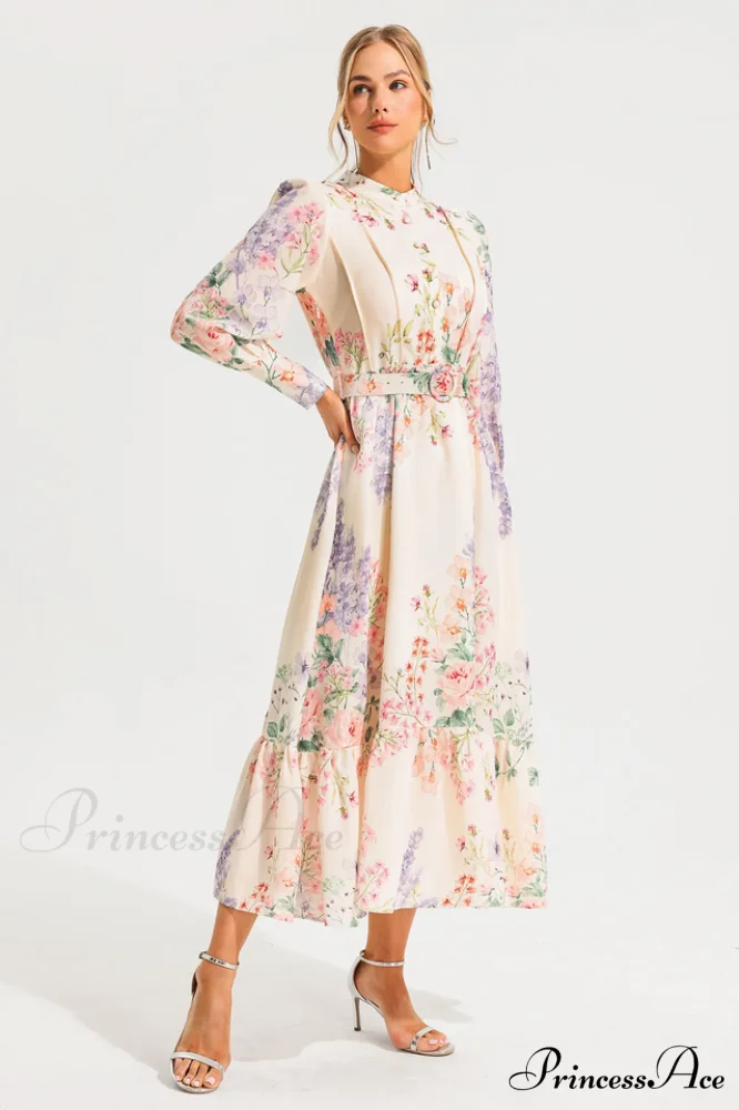 Floral Long Sleeve Charming Maxi Dress With Belt - Image 3
