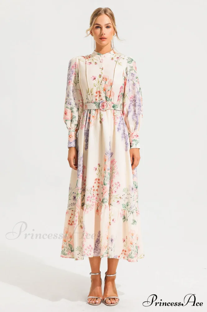 Floral Long Sleeve Charming Maxi Dress With Belt - Image 4