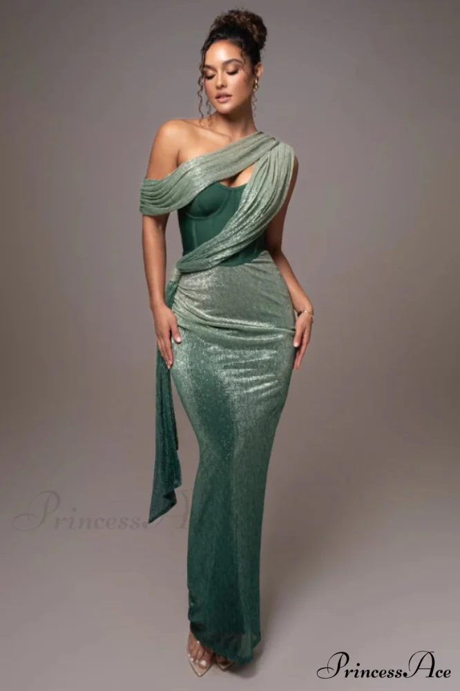 Green Celestina Stylish Draped Maxi Dress - Image 2