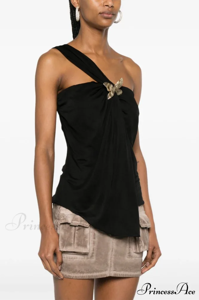 Black Draped Top Charming With An Asymmetrical Cut - Image 3