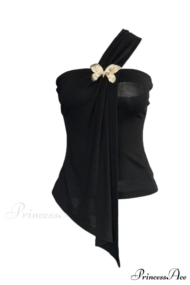 Black Draped Top Charming With An Asymmetrical Cut - Image 5
