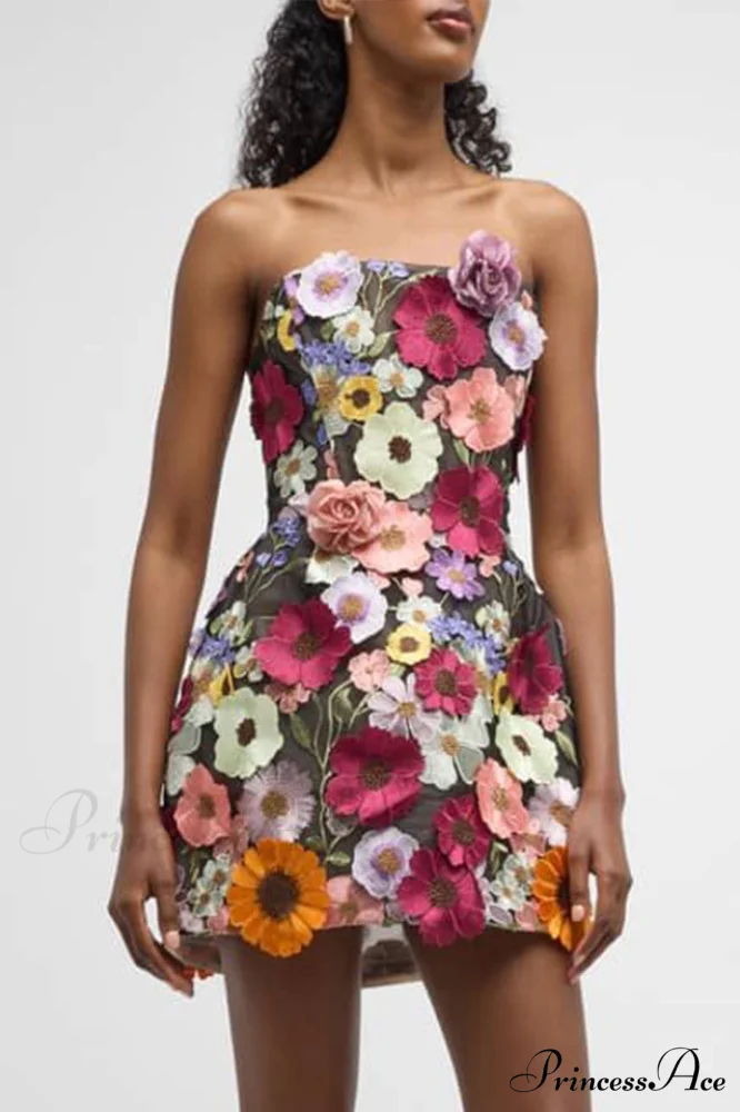 Floral 3D Embroidery Charming Tube Mini Dress - Image 2