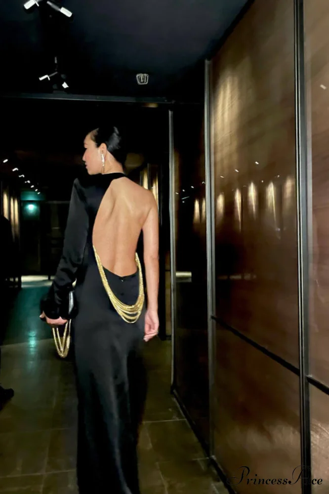 Angelou Black Backless Charming Chain Maxi Dress - Image 9