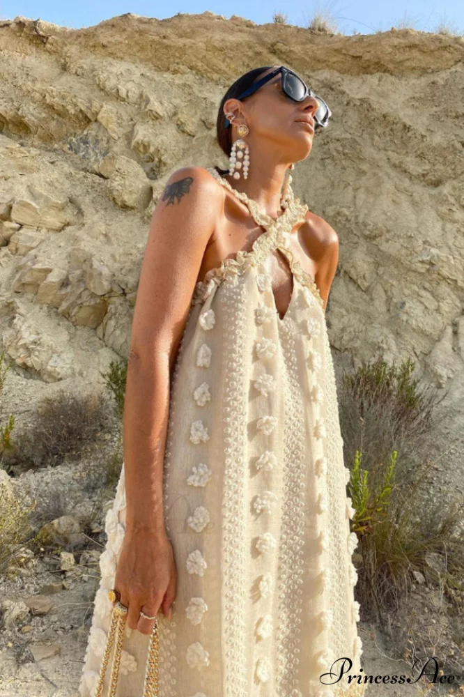 3D Flower Patchwork Charming Halter Maxi Dress - Image 2