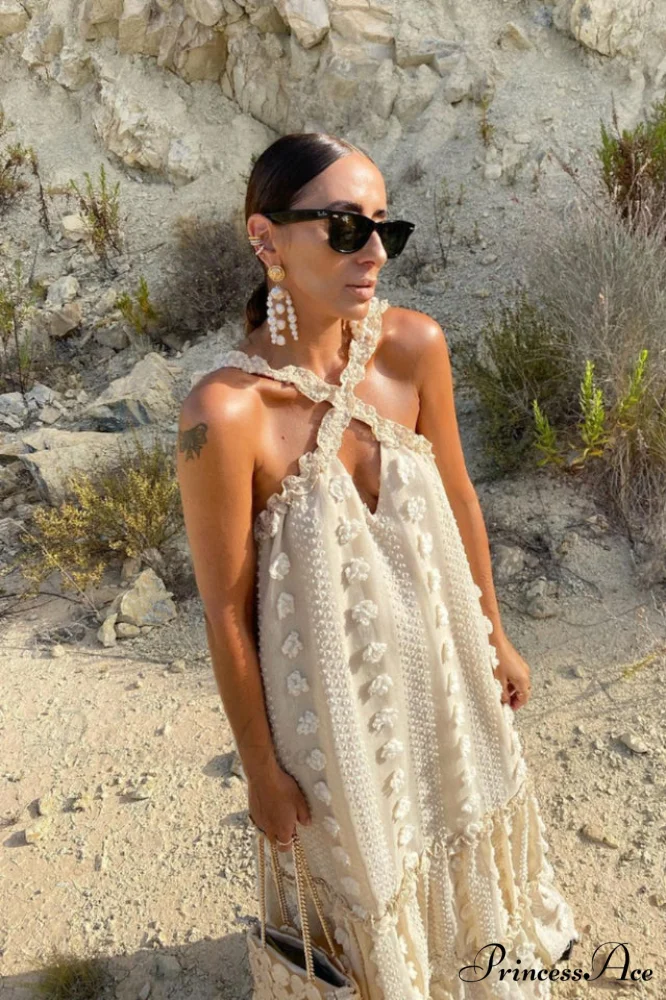 3D Flower Patchwork Charming Halter Maxi Dress - Image 3
