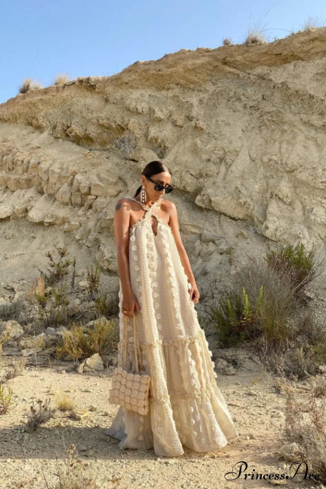 3D Flower Patchwork Charming Halter Maxi Dress - Image 4