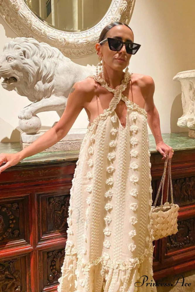 3D Flower Patchwork Charming Halter Maxi Dress - Image 6