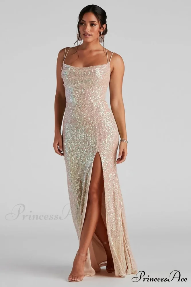 Debra Formal Sequin Charming Cowl Neck Dress - Image 2