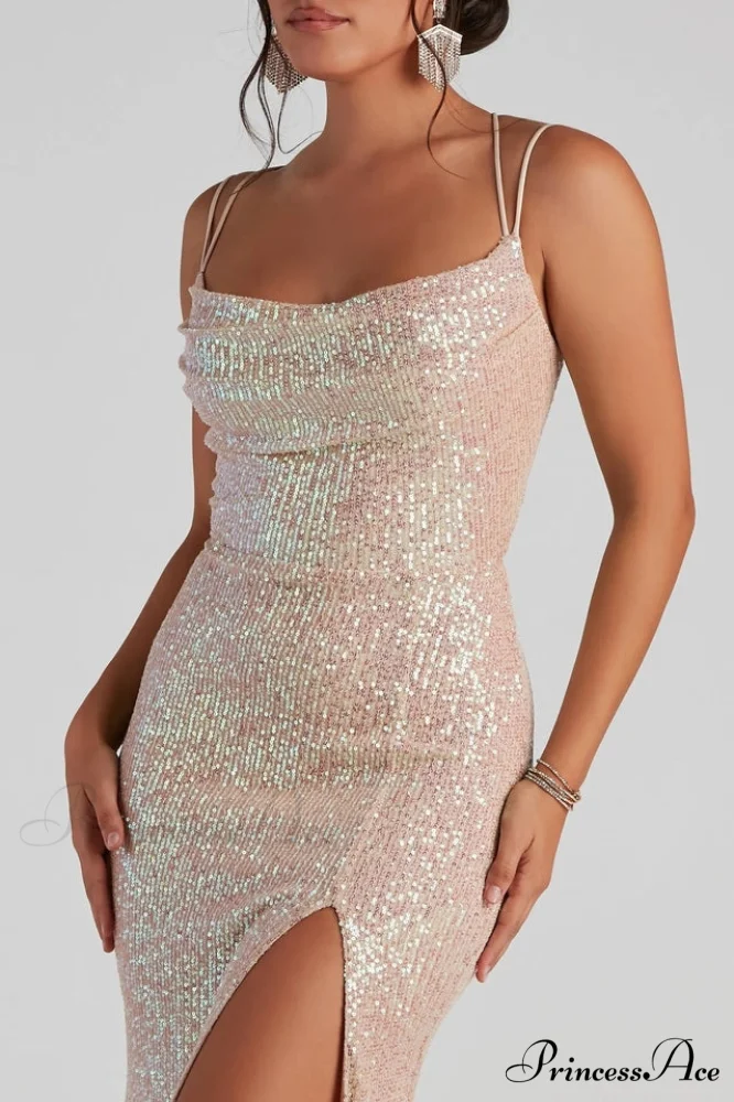 Debra Formal Sequin Charming Cowl Neck Dress - Image 3