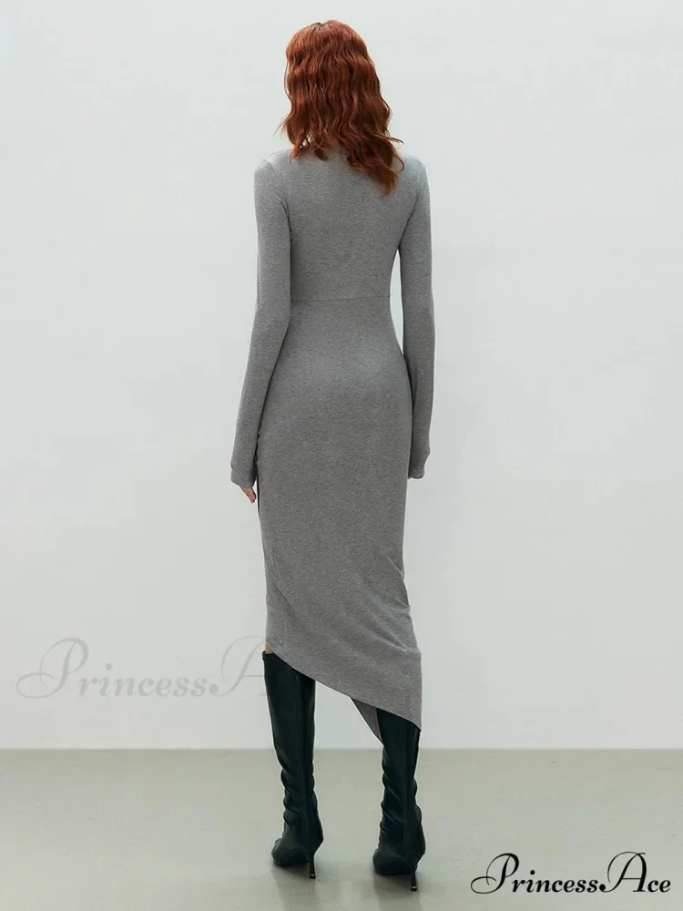 Asymmetrical Draped Cutout Crew Neck Classic Long Sleeve Midi Knit Dress - Image 4