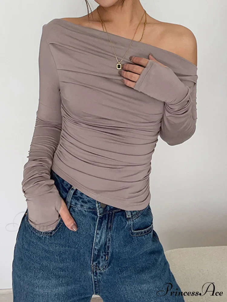 Asymmetrical Off Shoulder Trendy Long Sleeve Shirt - Image 3