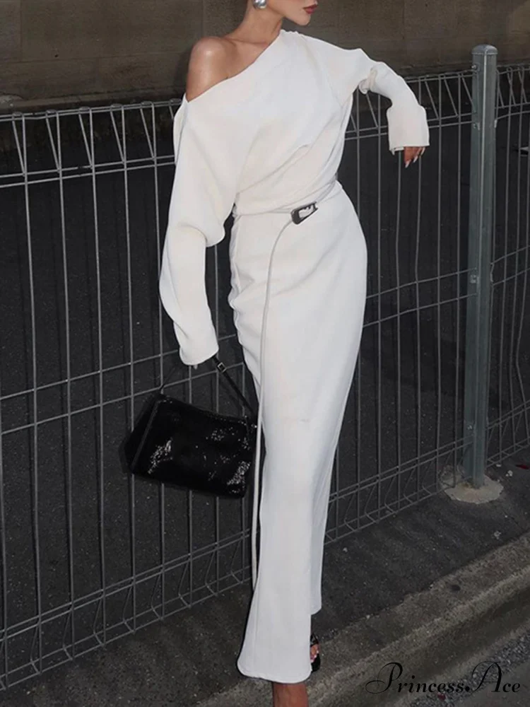 Asymmetrical Off Shoulder Solid Modern Long Sleeve Maxi Dress - Image 2