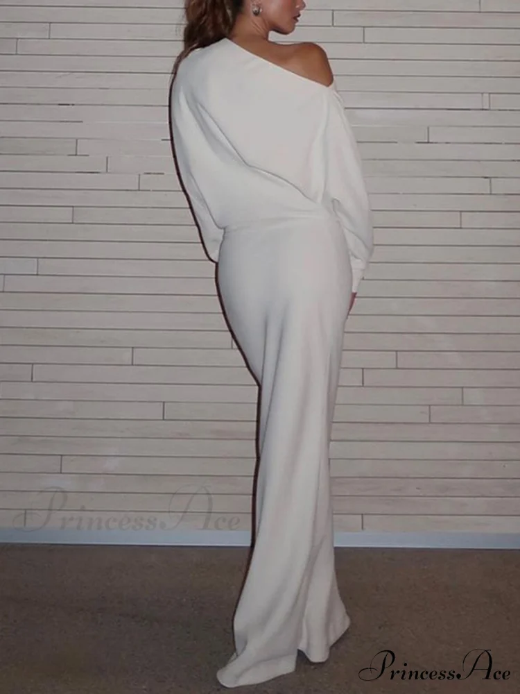 Asymmetrical Off Shoulder Solid Modern Long Sleeve Maxi Dress - Image 5