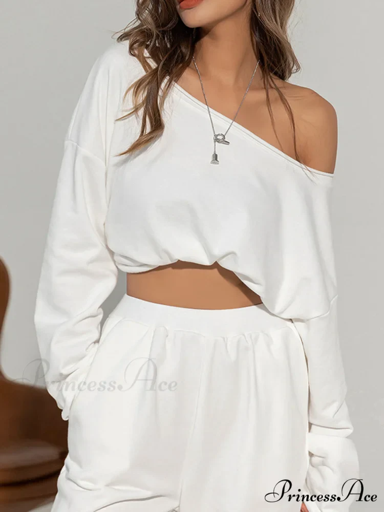 Asymmetrical Off Graceful Shoulder Solid Sweatshirt - Image 2