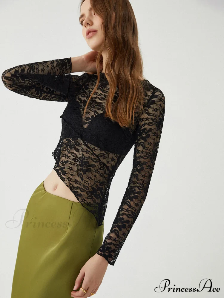 Asymmetrical Sheer Lace Trendy Long Sleeve Top - Image 3