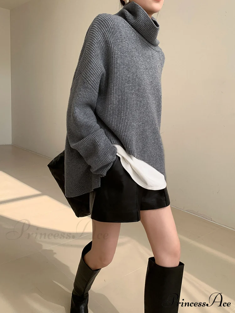 Asymmetrical Turtleneck Graceful Oversized Sweater - Image 2