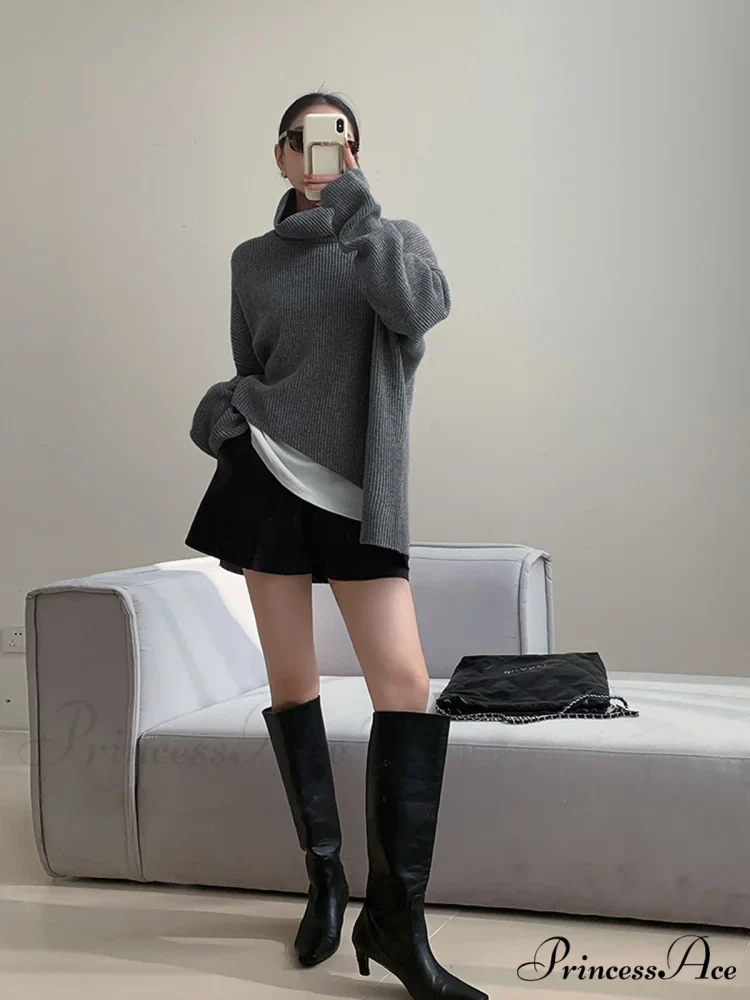 Asymmetrical Turtleneck Graceful Oversized Sweater - Image 3