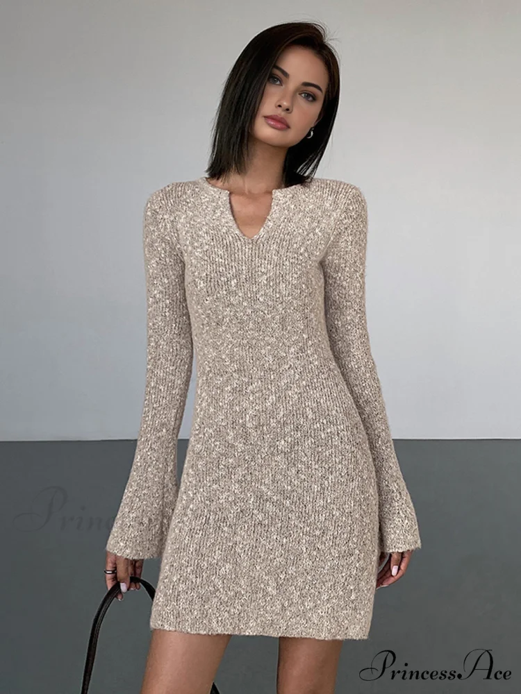 Bodycon V-neck Long Trendy Sleeve Mini Knit Dress - Image 2