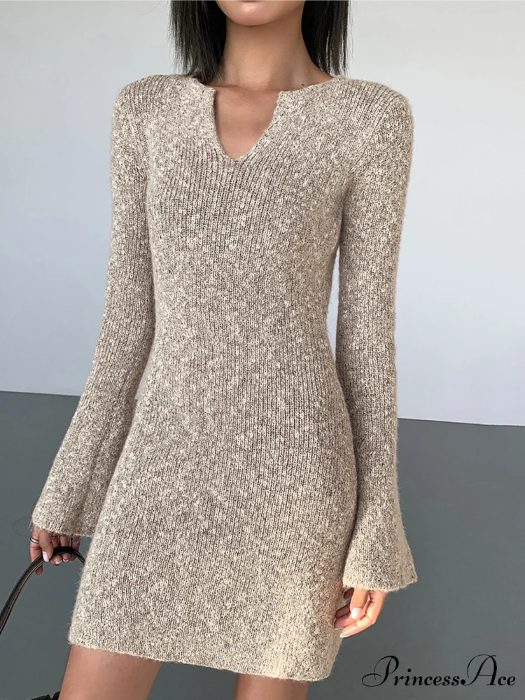 Bodycon V-neck Long Trendy Sleeve Mini Knit Dress - Image 3
