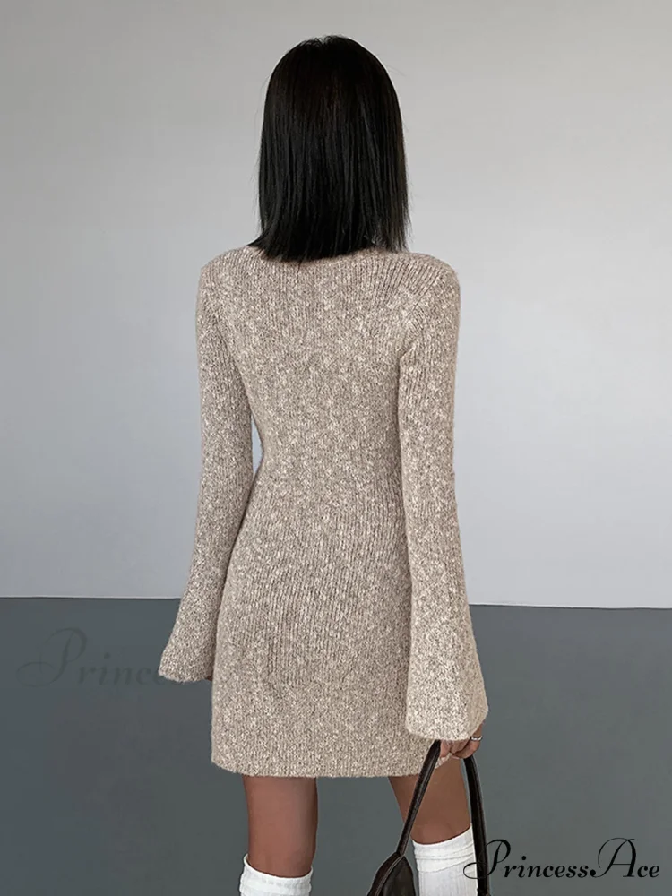 Bodycon V-neck Long Trendy Sleeve Mini Knit Dress - Image 4