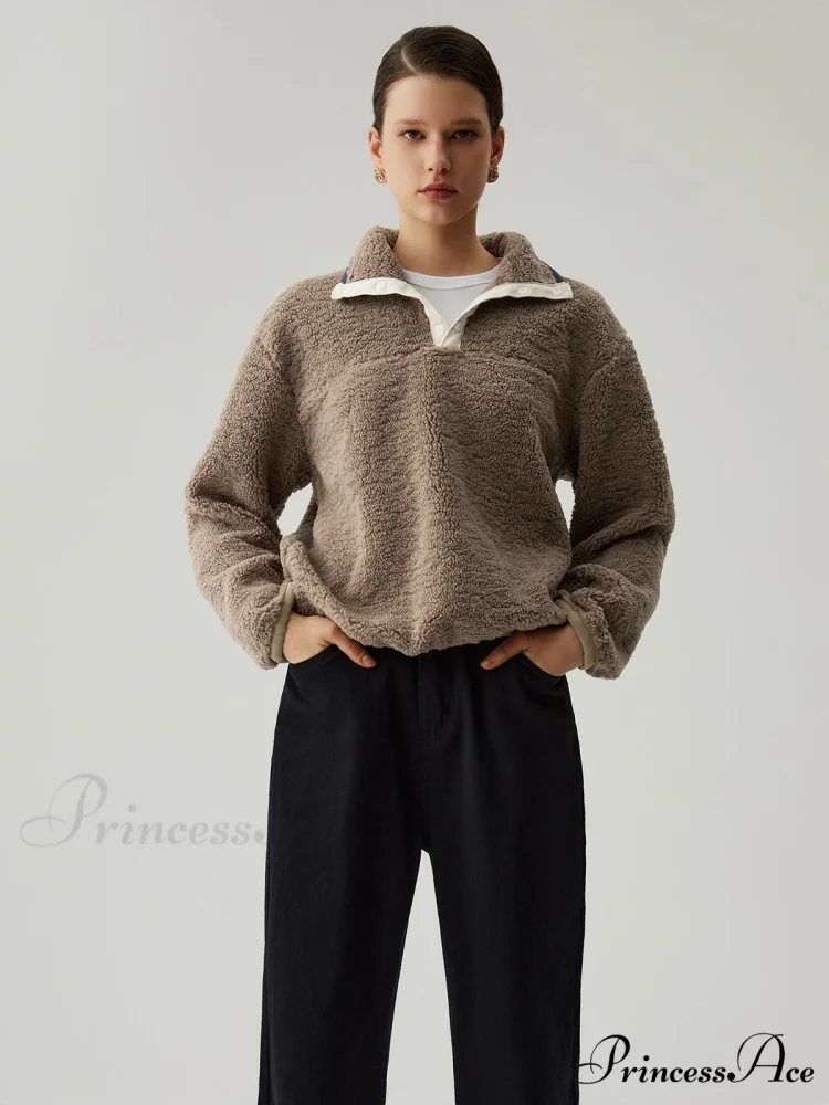 Button Down Collar Trendy Contrast Trim Sherpa Sweater - Image 2