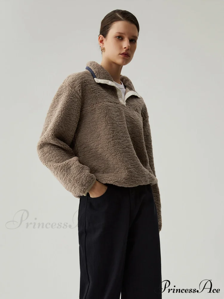 Button Down Collar Trendy Contrast Trim Sherpa Sweater - Image 3