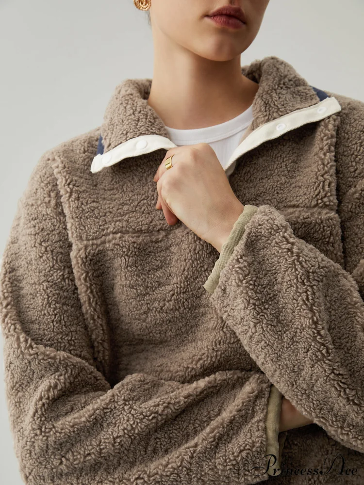 Button Down Collar Trendy Contrast Trim Sherpa Sweater - Image 4