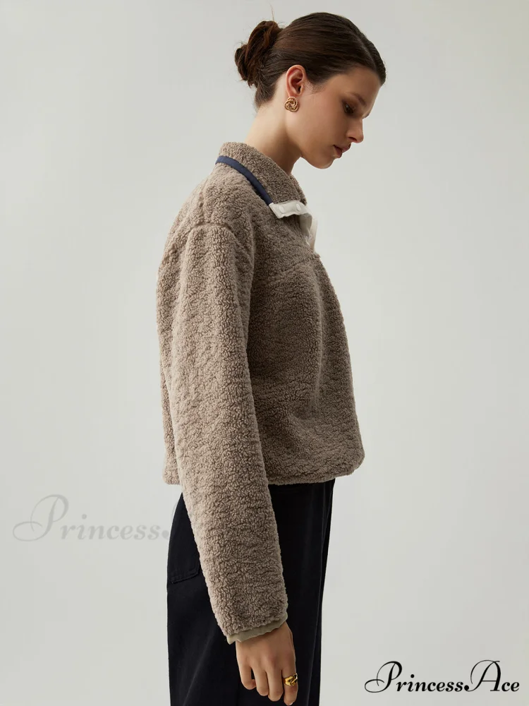 Button Down Collar Trendy Contrast Trim Sherpa Sweater - Image 5