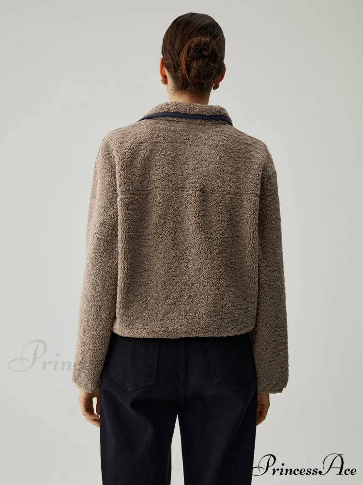 Button Down Collar Trendy Contrast Trim Sherpa Sweater - Image 6