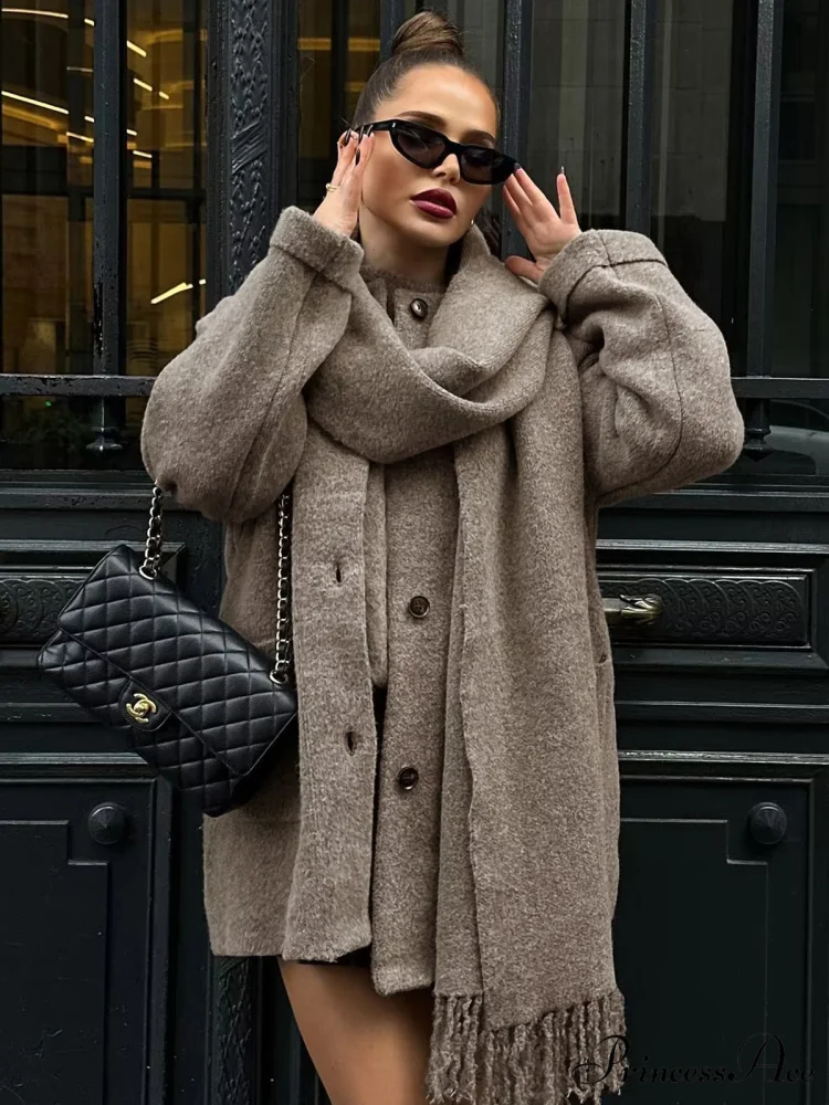 Button Down Pocket Coat Modern with Matching Tassel Scarf - Image 4