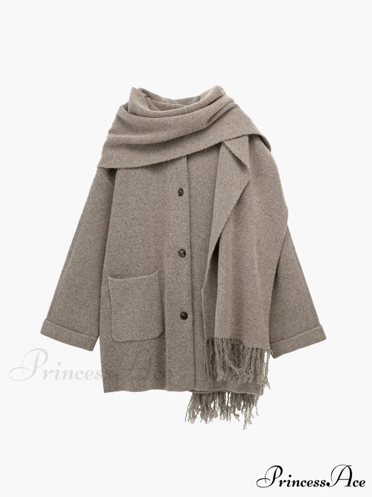 Button Down Pocket Coat Modern with Matching Tassel Scarf - Image 5