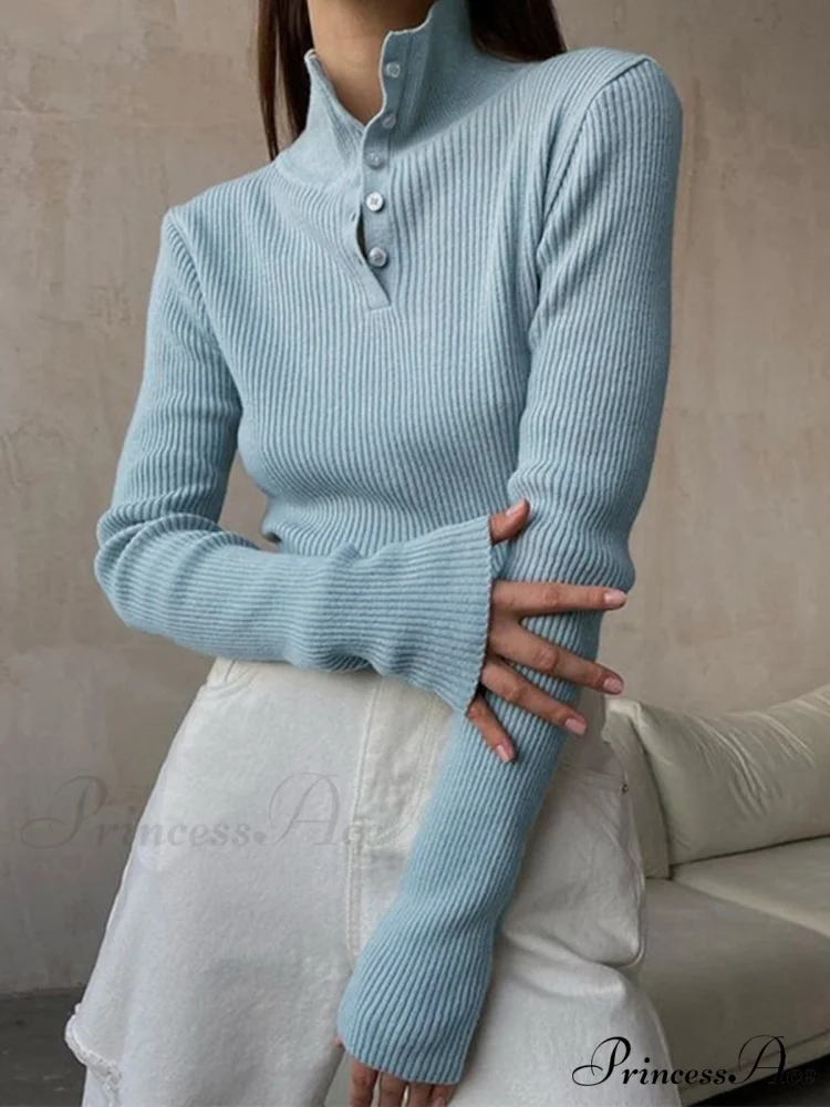 Button Up Collar Trendy Ribbed Knit Top - Image 2