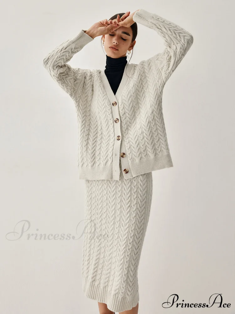 Cable Knit Cardigan Trendy With Matching Midi Skirt - Image 2