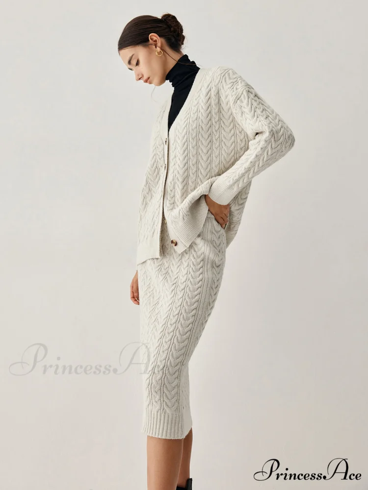 Cable Knit Cardigan Trendy With Matching Midi Skirt - Image 3