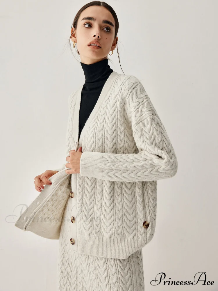 Cable Knit Cardigan Trendy With Matching Midi Skirt - Image 4