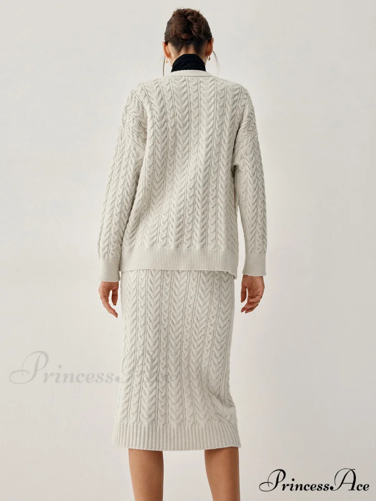 Cable Knit Cardigan Trendy With Matching Midi Skirt - Image 5