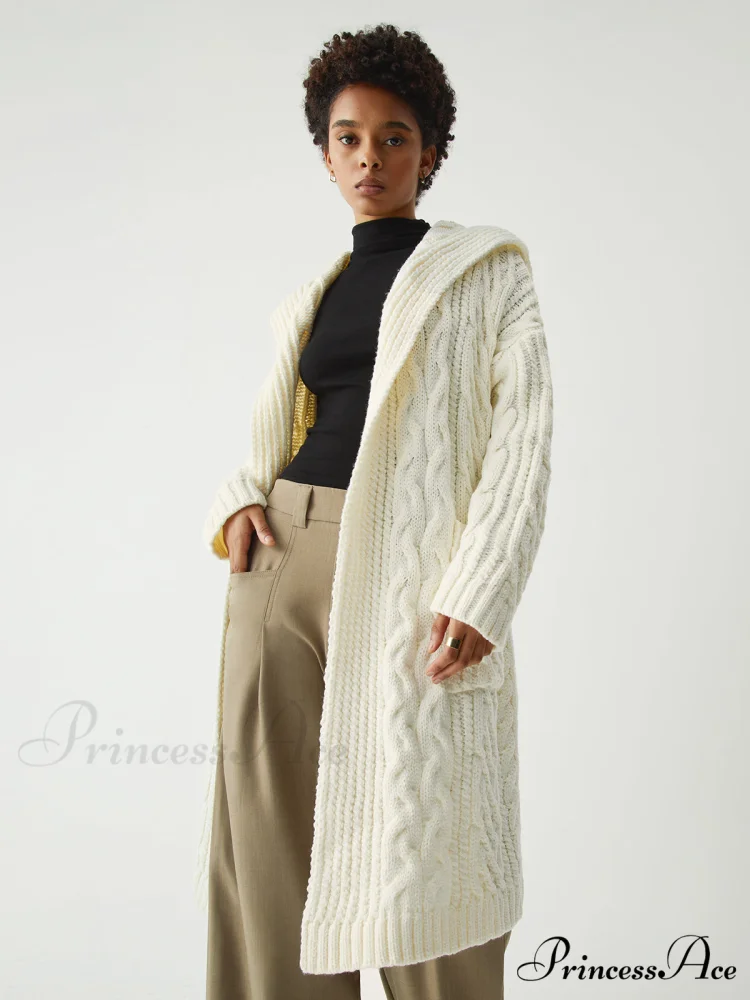 Cable Knit Graceful Hooded Longline Cardigan - Image 3