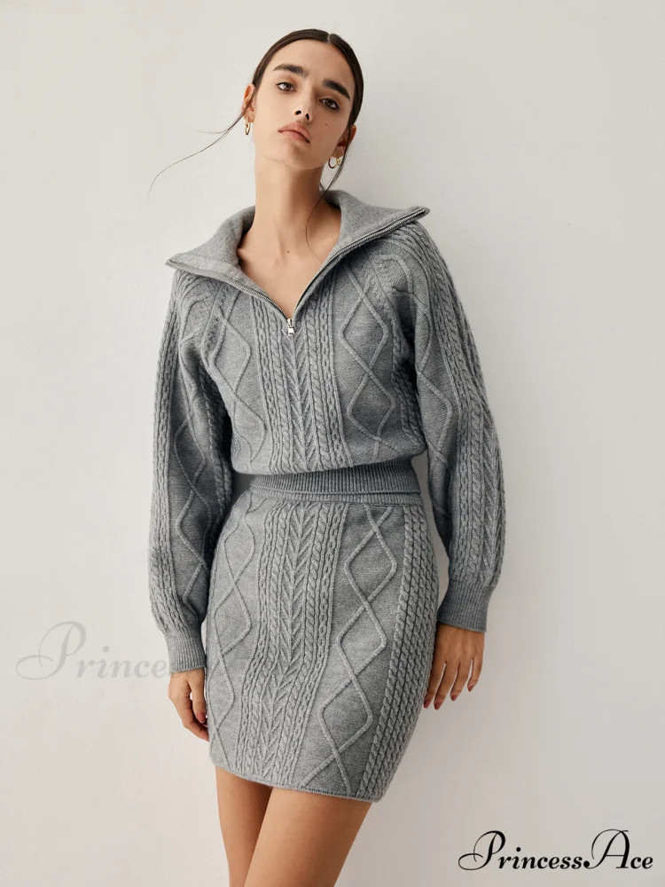 Cable Knit Open Collar Modern Cardigan WIth Matching Skirt - Image 2
