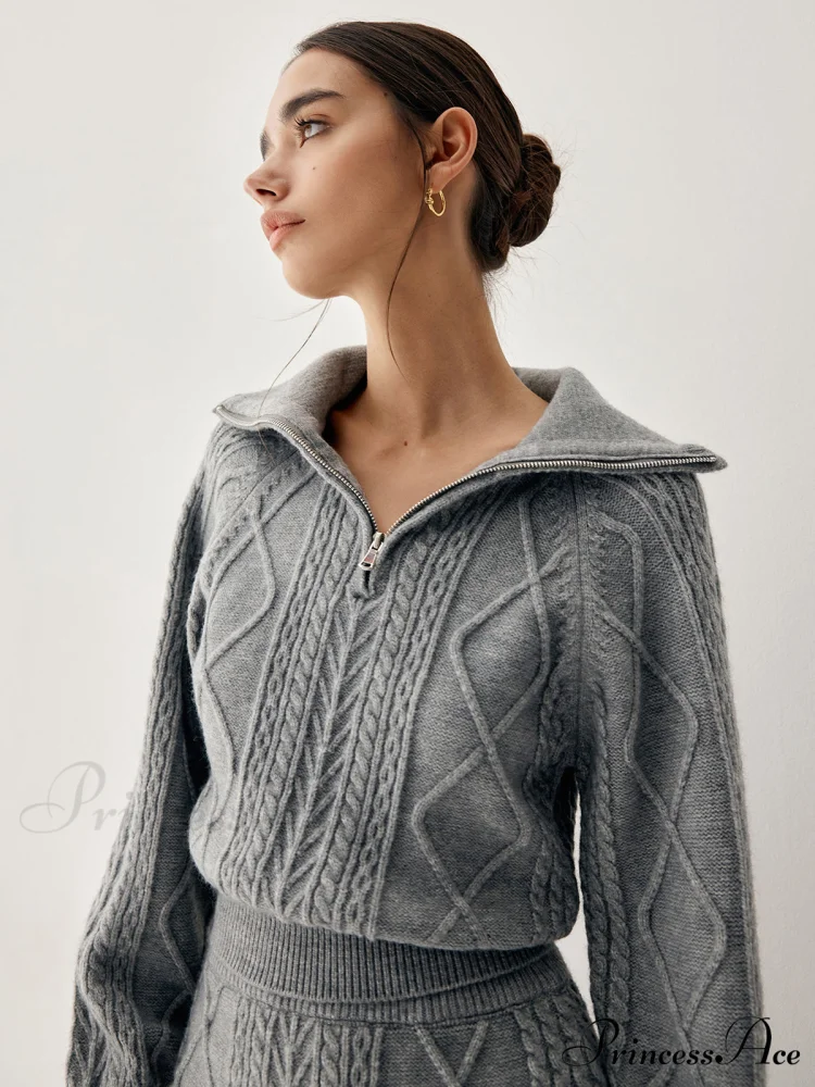 Cable Knit Open Collar Modern Cardigan WIth Matching Skirt - Image 3