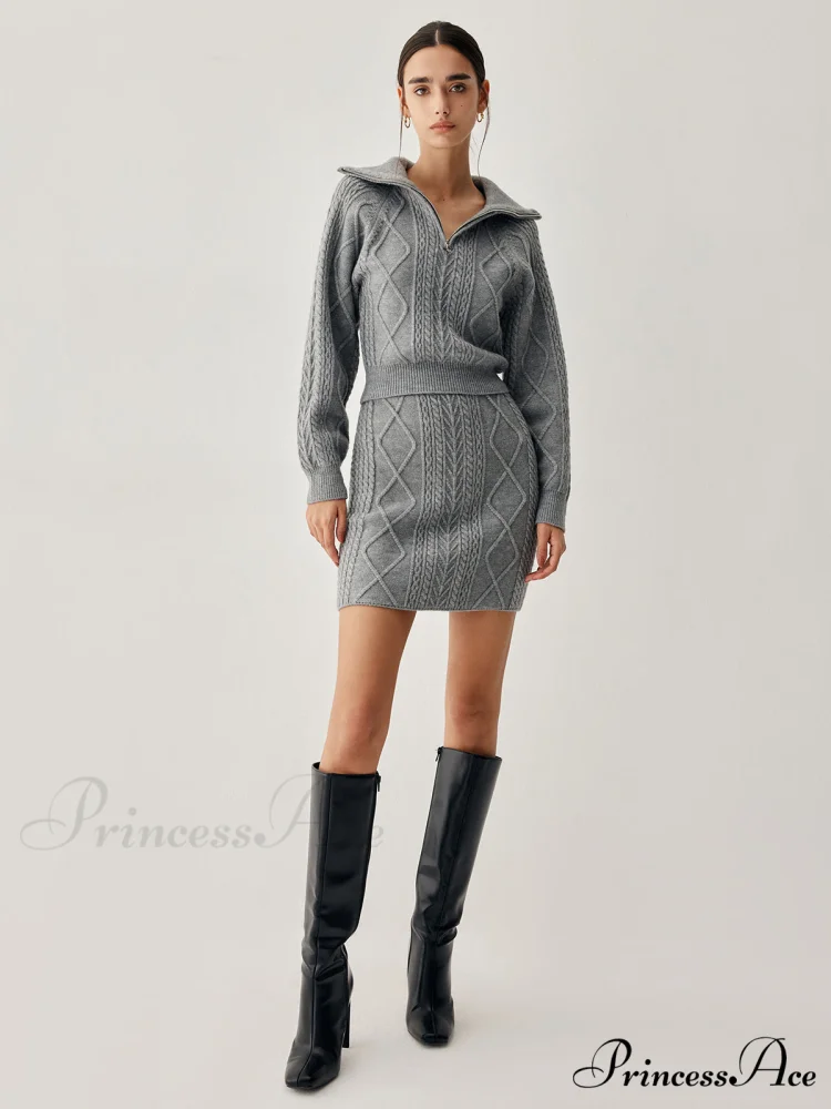 Cable Knit Open Collar Modern Cardigan WIth Matching Skirt - Image 4