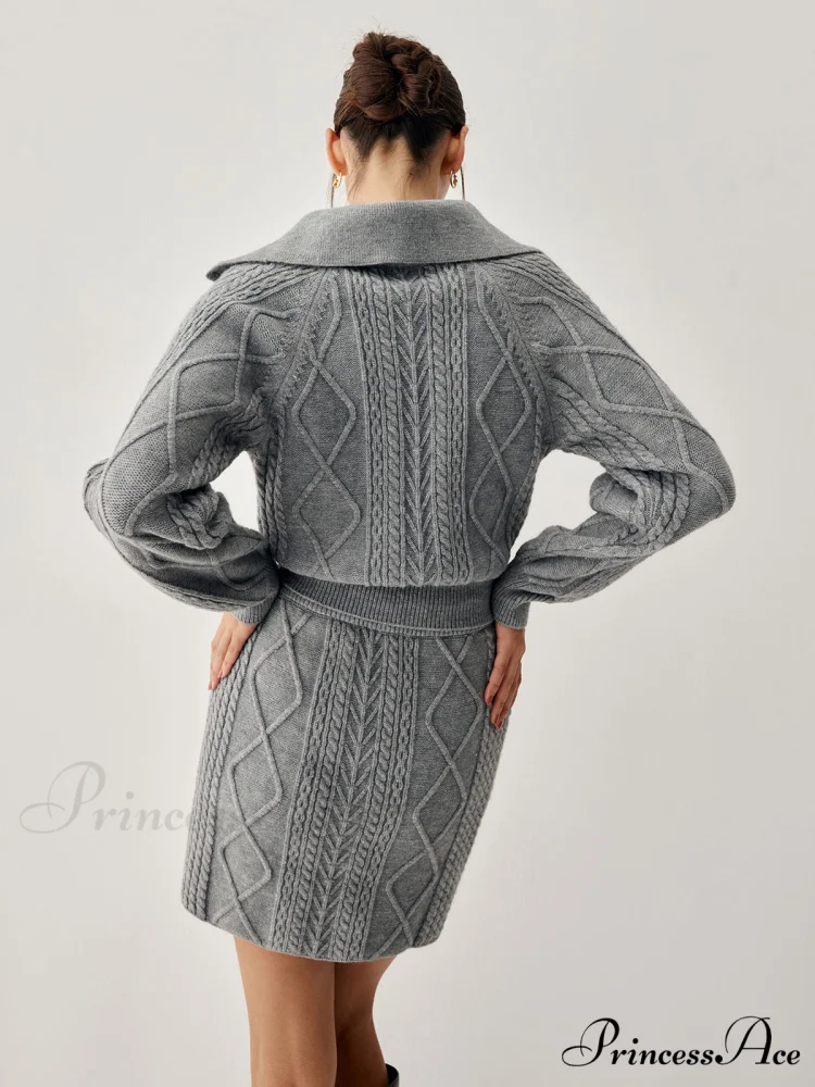 Cable Knit Open Collar Modern Cardigan WIth Matching Skirt - Image 6