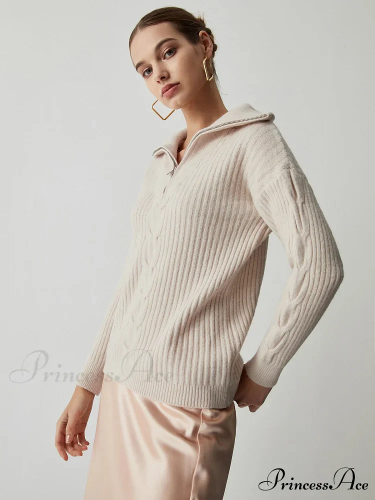 Cable Knit Open Trendy Collar Half Zip Sweater - Image 2