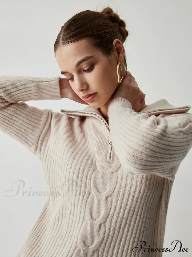 Cable Knit Open Trendy Collar Half Zip Sweater - Image 3