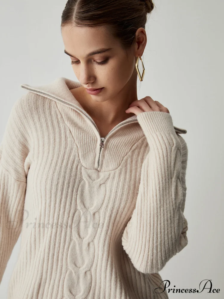 Cable Knit Open Trendy Collar Half Zip Sweater - Image 4