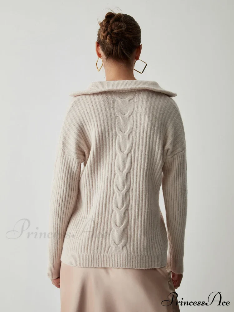 Cable Knit Open Trendy Collar Half Zip Sweater - Image 5