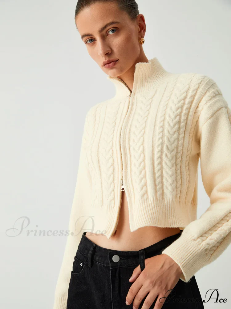 Cable Knit Two Trendy Way Zip Crop Cardigan - Image 3