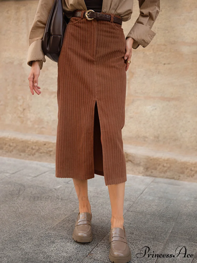 Caramel Corduroy Graceful Slit Midi Skirt - Image 2