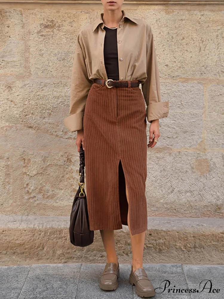 Caramel Corduroy Graceful Slit Midi Skirt - Image 3